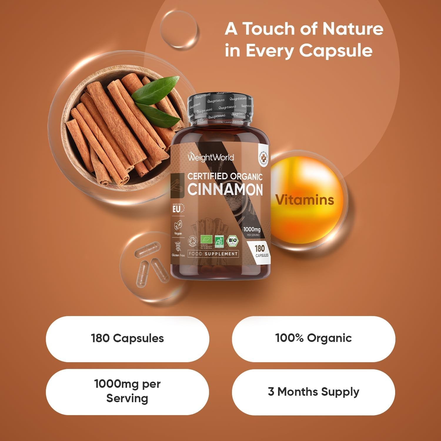 Organic Cinnamon Capsules 1000Mg - 180 Capsules - 3 Months Supply - Soil Association Certified Cinnamon Supplement - Source of Polyphenols - Non-Gmo, Vegan-Friendly, Gmp-Approved & Gluten-Free