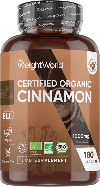 Organic Cinnamon Capsules 1000Mg - 180 Capsules - 3 Months Supply - Soil Association Certified Cinnamon Supplement - Source of Polyphenols - Non-Gmo, Vegan-Friendly, Gmp-Approved & Gluten-Free
